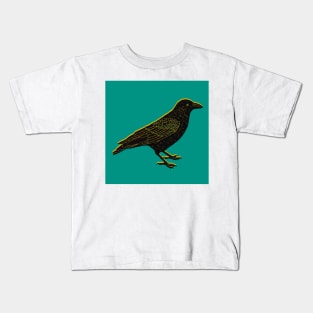 Crow block print black yellow green Kids T-Shirt